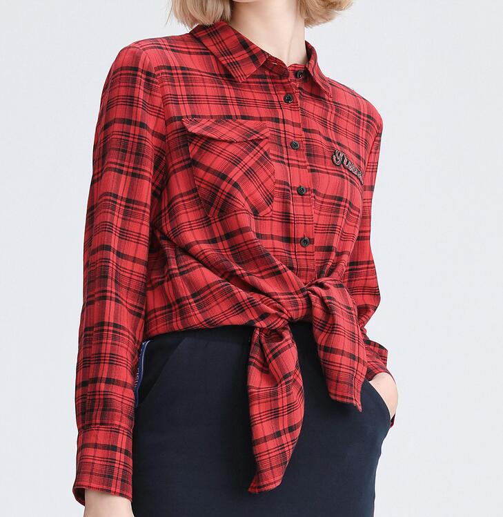 春季新款红色休闲时尚感潮流色织布格纹长袖女衬衫