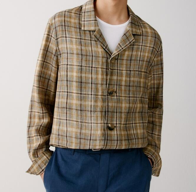 麻棉色织布平纹格纹衬衫式夹克