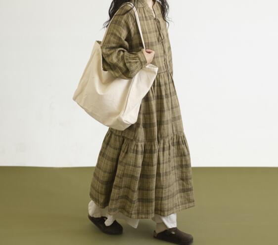 麻棉色织布格子长袖法式连衣裙